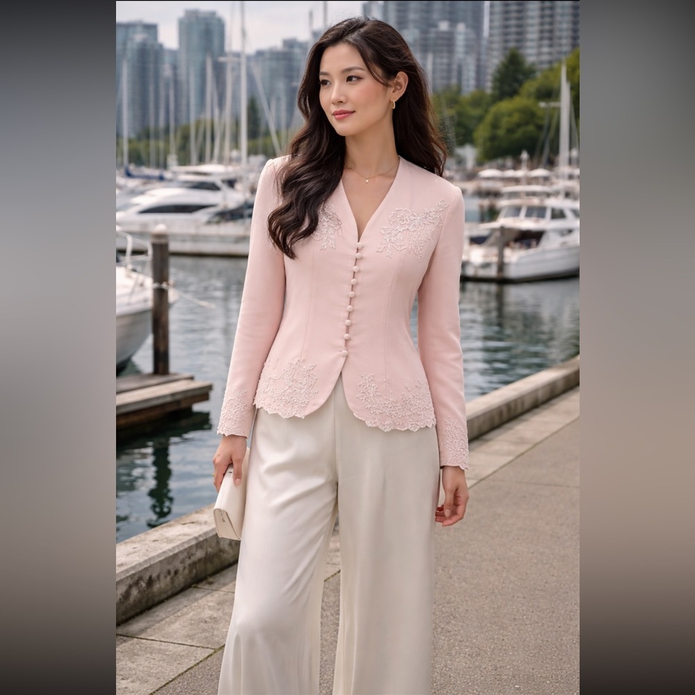 Vintage Emblem Elegant Pink Jacket with Lace Detailing size 4.